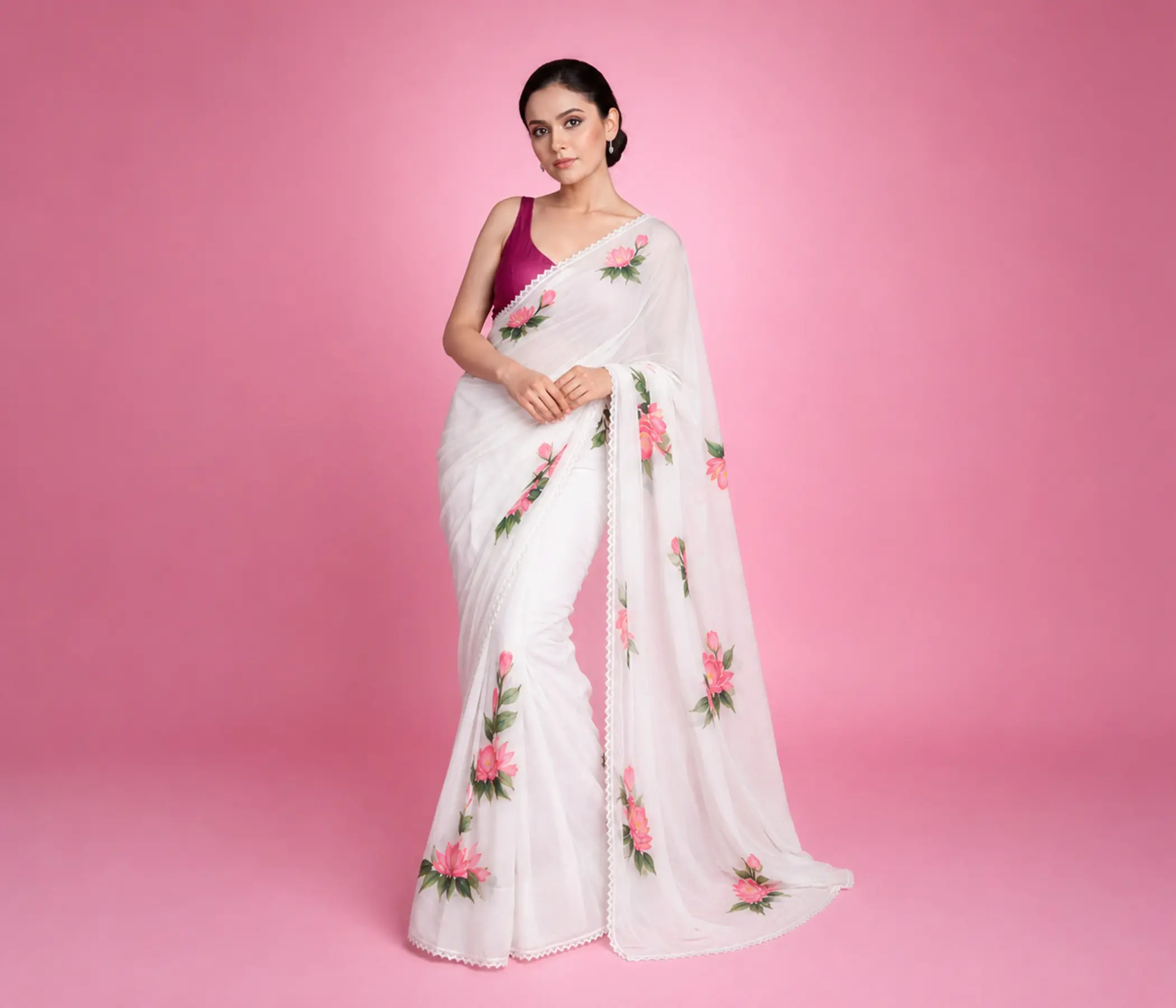Hand-Painted Pristine White Organza Saree with Pink Lotus Motifs
